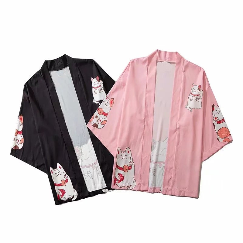 Kawaii Lucky Cat Black Pink Japanese Short Kimono - Kawaiies - Adorable - Cute - Plushies - Plush - Kawaii