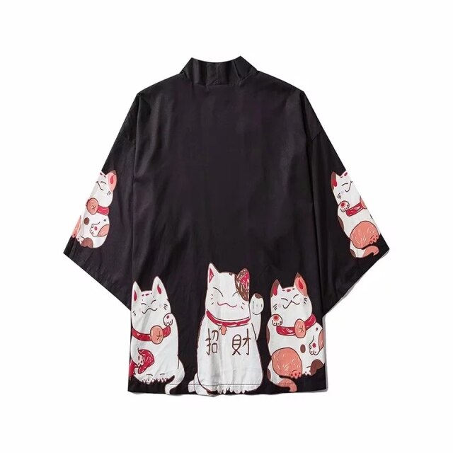 Kawaii Lucky Cat Black Pink Japanese Short Kimono - Kawaiies - Adorable - Cute - Plushies - Plush - Kawaii