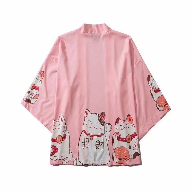 Kawaii Lucky Cat Black Pink Japanese Short Kimono - Kawaiies - Adorable - Cute - Plushies - Plush - Kawaii