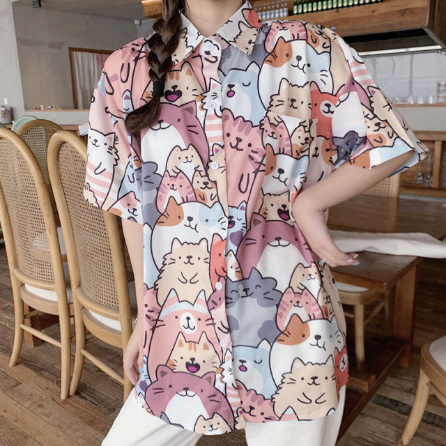 Kawaii Millions of Cats Print Short Sleeve Shirt - Kawaiies - Adorable - Cute - Plushies - Plush - Kawaii