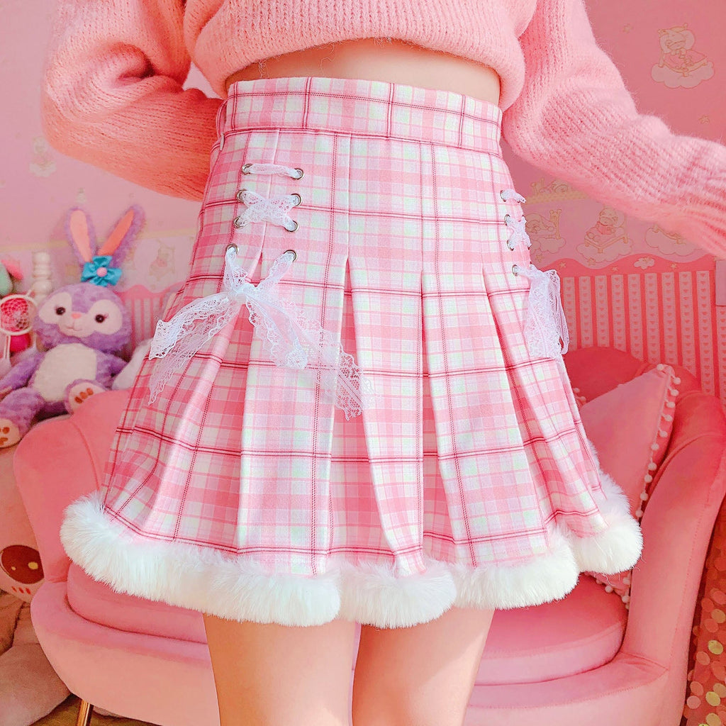 Kawaii Pleated Mini Pink Women Skirt with Lace, Fur, & Shorts - Kawaiies - Adorable - Cute - Plushies - Plush - Kawaii