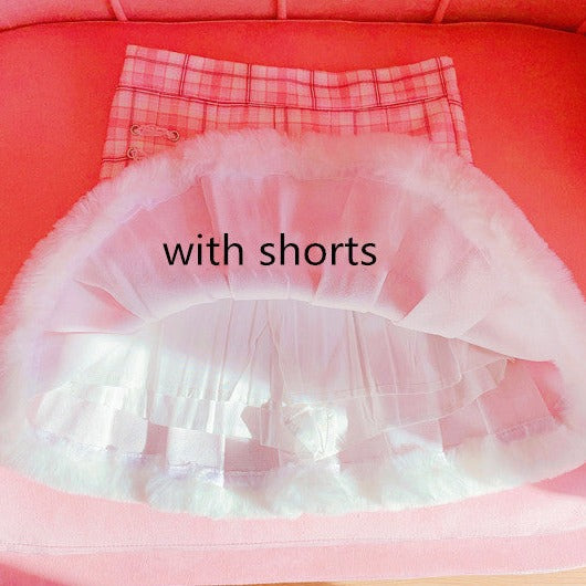 Kawaii Pleated Mini Pink Women Skirt with Lace, Fur, & Shorts - Kawaiies - Adorable - Cute - Plushies - Plush - Kawaii