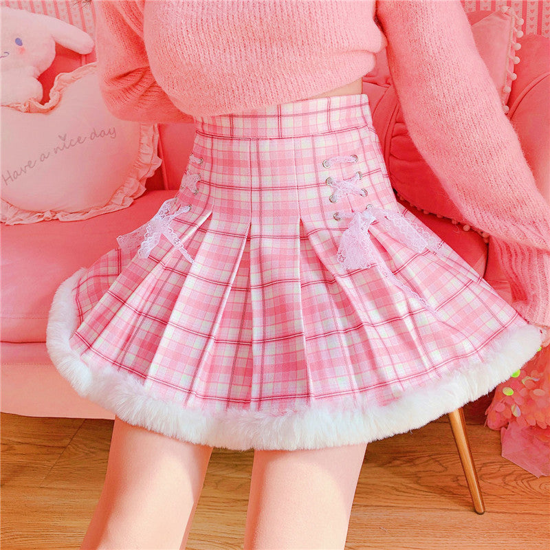 Kawaii Pleated Mini Pink Women Skirt with Lace, Fur, & Shorts – Kawaiies