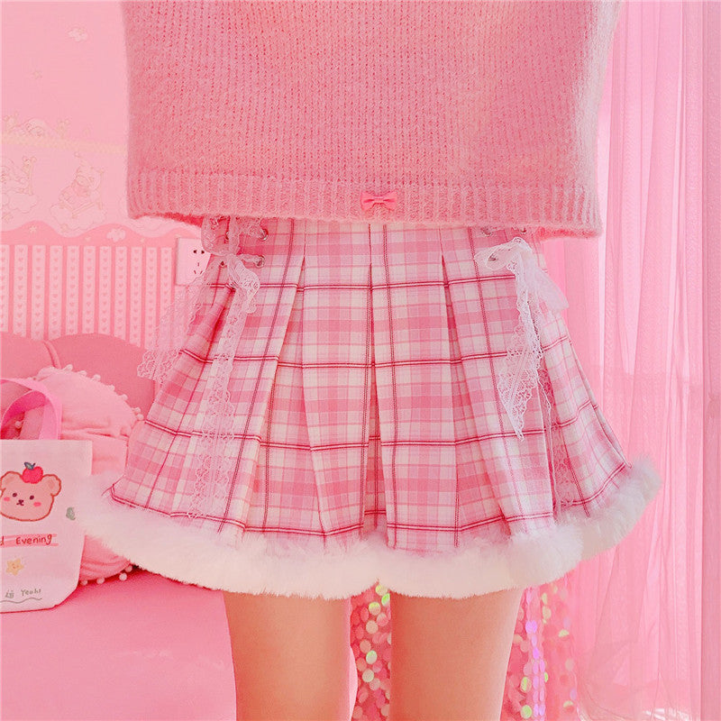 Kawaii Pleated Mini Pink Women Skirt with Lace, Fur, & Shorts - Kawaiies - Adorable - Cute - Plushies - Plush - Kawaii