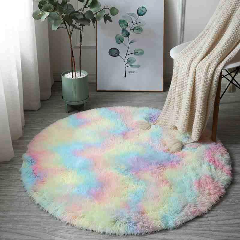 Kawaii Soft Faux Fur Round Rainbow Rug Kawaiies