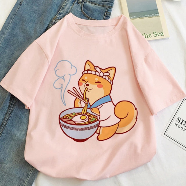Kawaii Shiba Inu Enjoying Ramen Women's Tee Tops - Kawaiies - Adorable - Cute - Plushies - Plush - Kawaii
