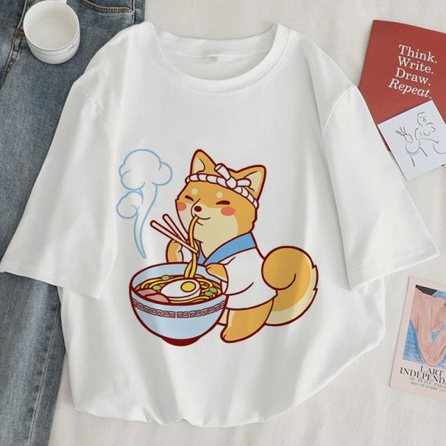Kawaii Shiba Inu Enjoying Ramen Women's Tee Tops - Kawaiies - Adorable - Cute - Plushies - Plush - Kawaii