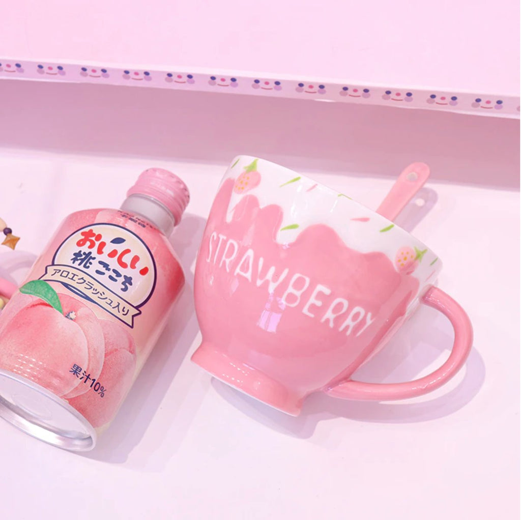 Kawaii Strawberry Milk Mug with Spoon - Kawaiies - Adorable - Cute - Plushies - Plush - Kawaii