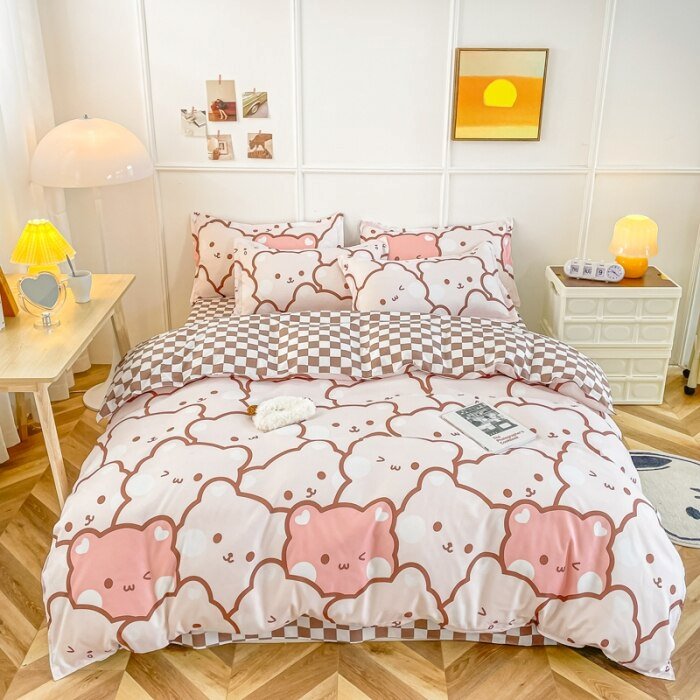 kawaiies-softtoys-plushies-kawaii-plush-Kawaii Tiger Checked Bedding Sets Bedding Sets Pink Single 