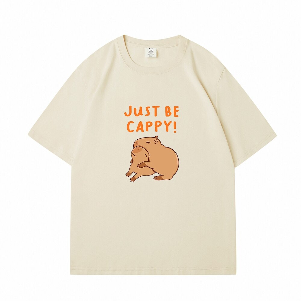 kawaiies-softtoys-plushies-kawaii-plush-Kawaii Two Capybara 'Just Be Cappy!' Unisex Cotton Tee Top | NEW Apparel Cream S 
