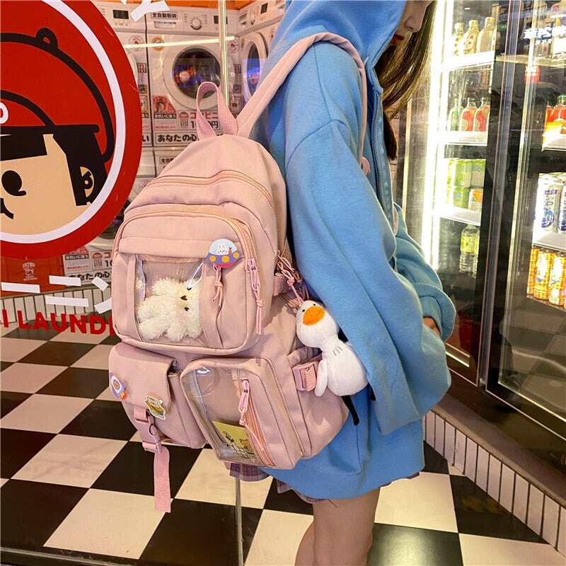 Kawaii Backpack with Cute Pin Accessories Plush Pendant Lovely Rucksack  Cute Aesthetic Backpack 