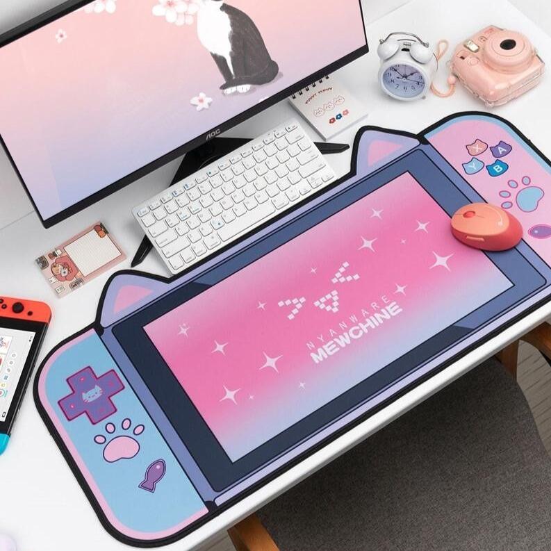 Large Pink Kawaii Gaming Cat Print Mouse Pad - Kawaiies - Adorable - Cute - Plushies - Plush - Kawaii