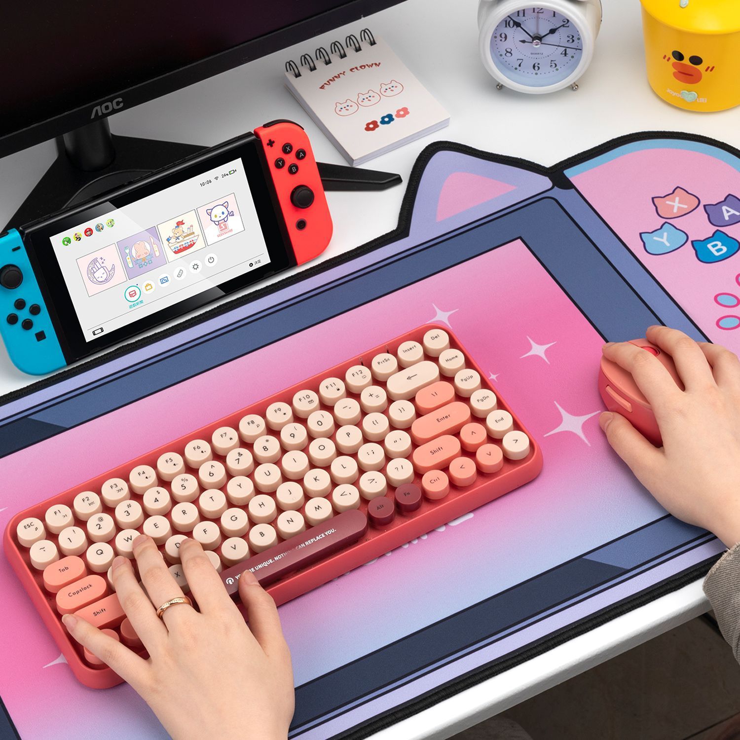 Large Pink Kawaii Gaming Cat Print Mouse Pad - Kawaiies - Adorable - Cute - Plushies - Plush - Kawaii
