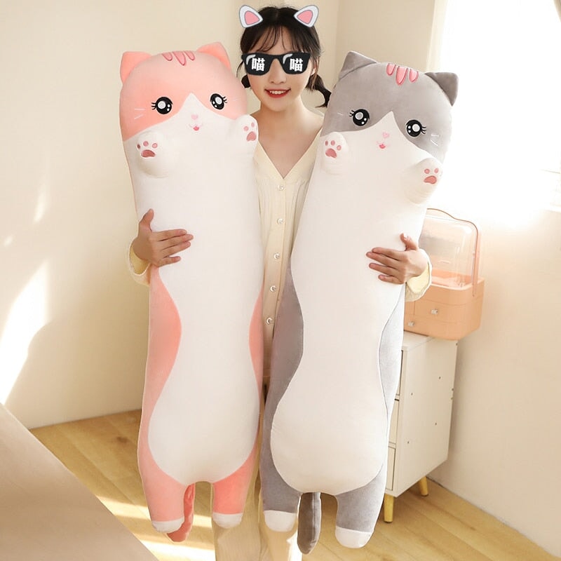 Long Snuggly Pink Gray Cat Plushies - Kawaiies - Adorable - Cute - Plushies - Plush - Kawaii