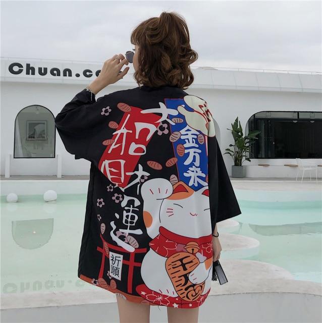 Japanese Lucky Cat Lightweight Kimono Top - Kawaiies - Adorable - Cute - Plushies - Plush - Kawaii