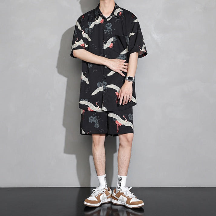 Men's Crane Print Shirt & Shorts Short Sleeve Shirt - Kawaiies - Adorable - Cute - Plushies - Plush - Kawaii