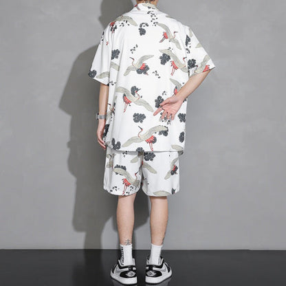 Men's Crane Print Shirt & Shorts Short Sleeve Shirt - Kawaiies - Adorable - Cute - Plushies - Plush - Kawaii