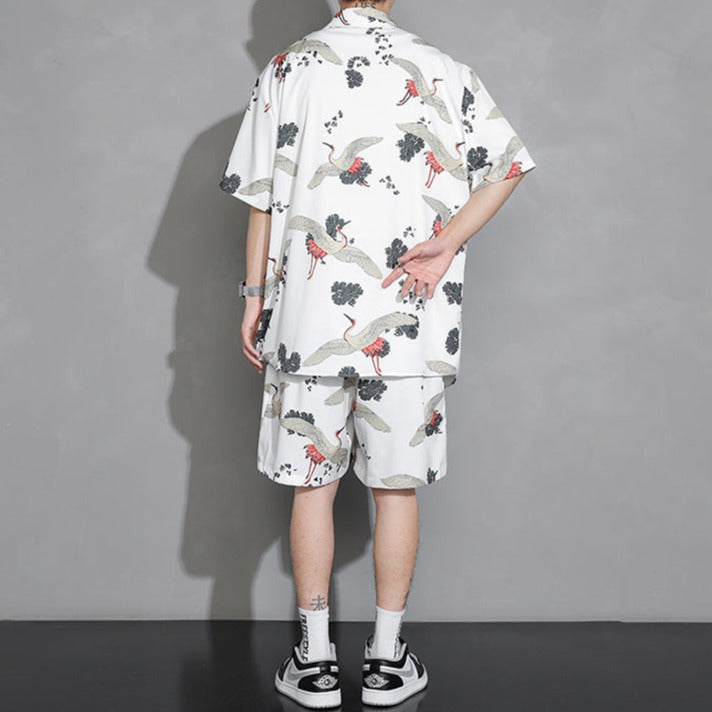 Men's Crane Print Shirt & Shorts Short Sleeve Shirt - Kawaiies - Adorable - Cute - Plushies - Plush - Kawaii