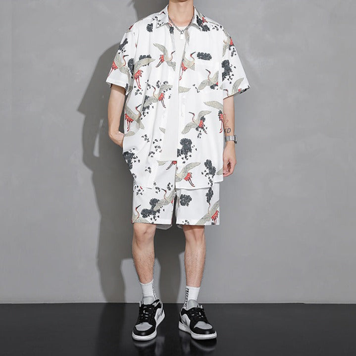 Men's Crane Print Shirt & Shorts Short Sleeve Shirt - Kawaiies - Adorable - Cute - Plushies - Plush - Kawaii