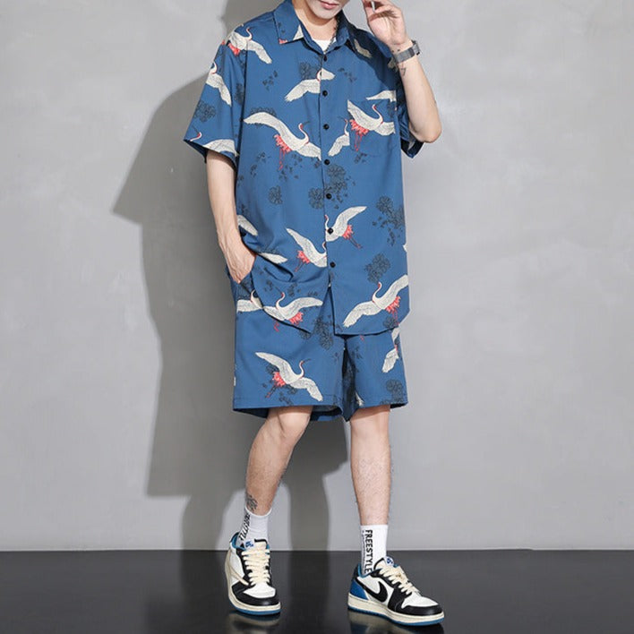 Men's Crane Print Shirt & Shorts Short Sleeve Shirt - Kawaiies - Adorable - Cute - Plushies - Plush - Kawaii