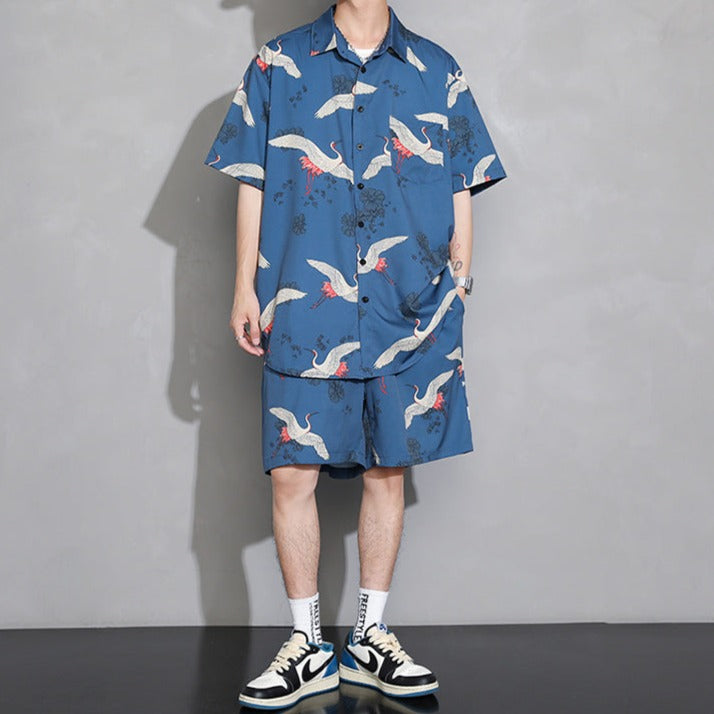 Men's Crane Print Shirt & Shorts Short Sleeve Shirt - Kawaiies - Adorable - Cute - Plushies - Plush - Kawaii