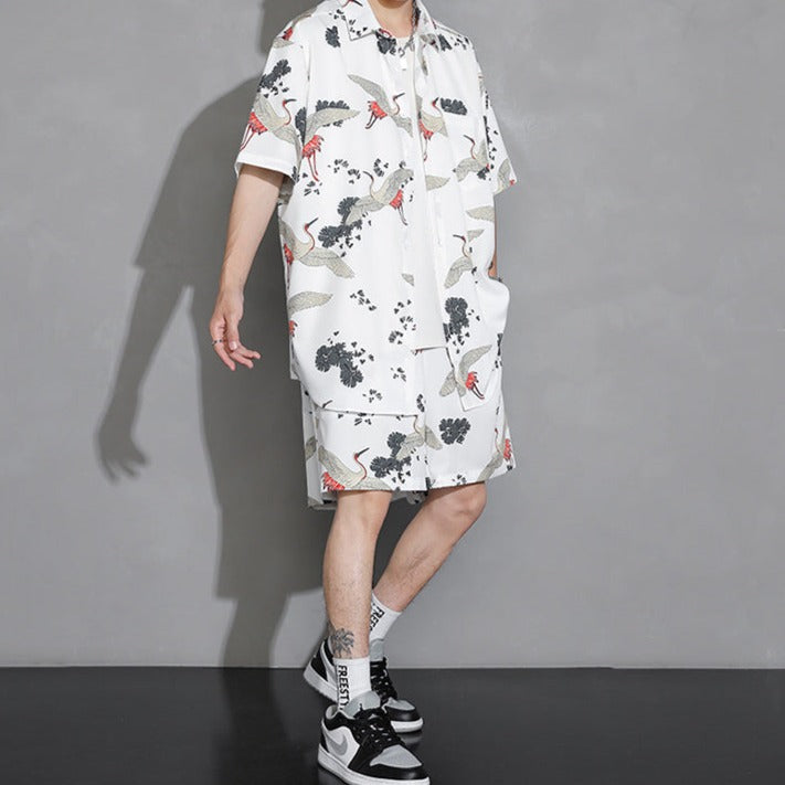 Men's Crane Print Shirt & Shorts Short Sleeve Shirt - Kawaiies - Adorable - Cute - Plushies - Plush - Kawaii