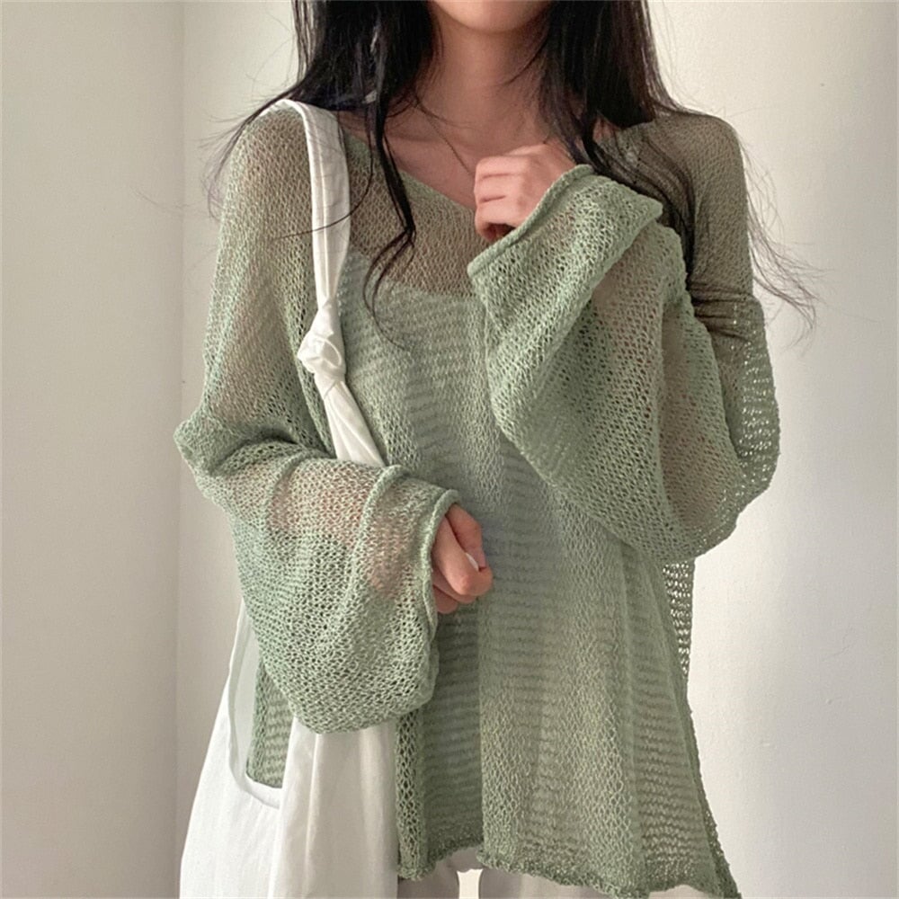 Netted Full Sleeve Loose Women's Jumper - Kawaiies - Adorable - Cute - Plushies - Plush - Kawaii