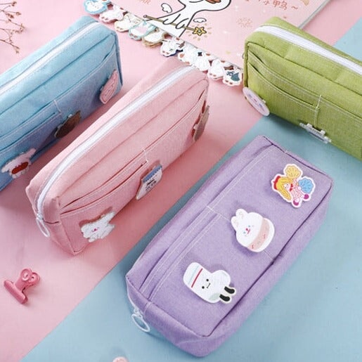 Pastel Pink Purple Green Blue Canvas Pencil Case - Kawaiies - Adorable - Cute - Plushies - Plush - Kawaii