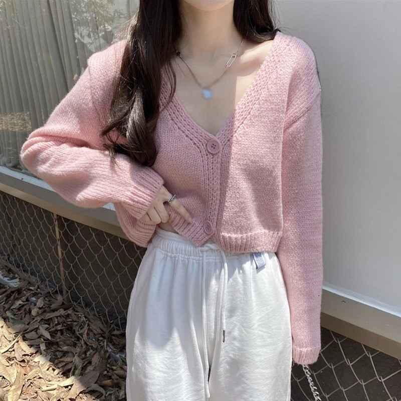 kawaiies-softtoys-plushies-kawaii-plush-Petite Women's Cropped Balloon Sleeve Knit Cardigan Apparel Pink 