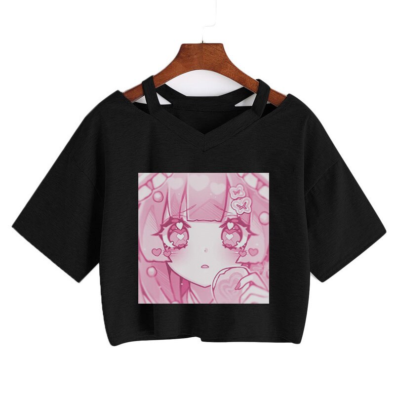 Pink Anime Girl Graphic V-neck Crop Top - Kawaiies - Adorable - Cute - Plushies - Plush - Kawaii