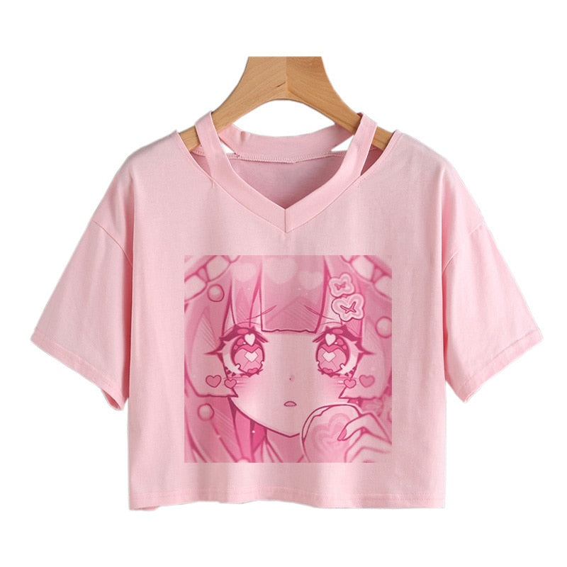 Pink Anime Girl Graphic V-neck Crop Top – Kawaiies