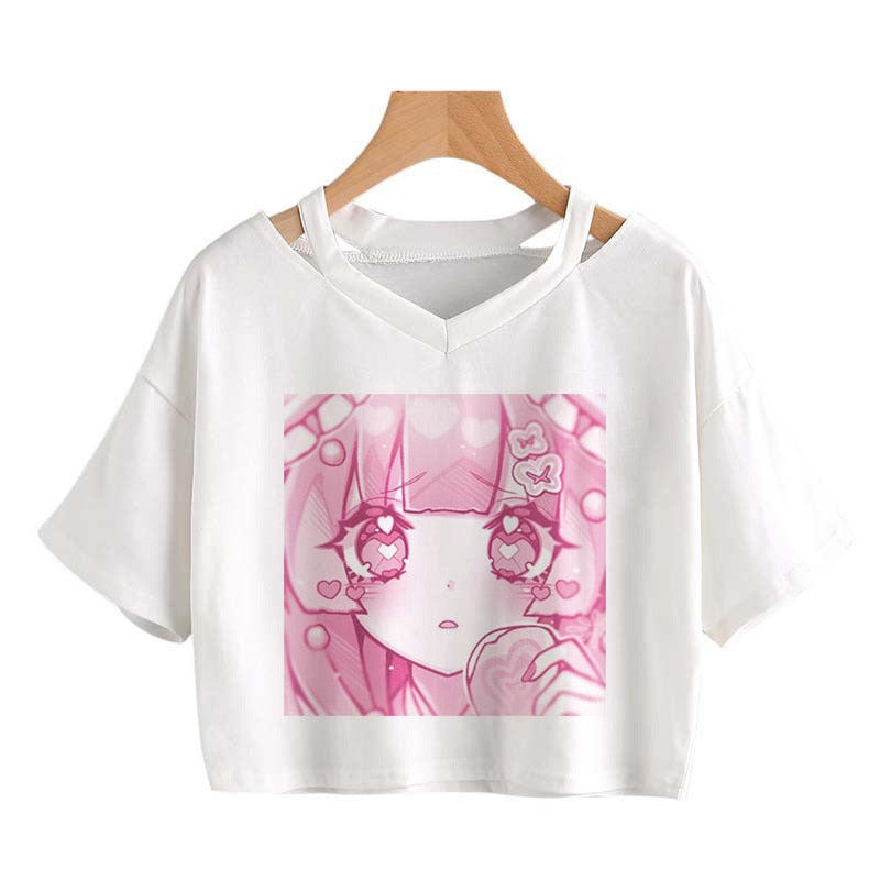 Pink Anime Girl Graphic V-neck Crop Top - Kawaiies - Adorable - Cute - Plushies - Plush - Kawaii