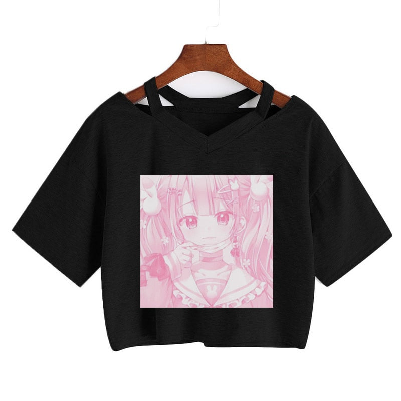 Pink Anime Girl Print V-neck Crop Top Tee - Kawaiies - Adorable - Cute - Plushies - Plush - Kawaii