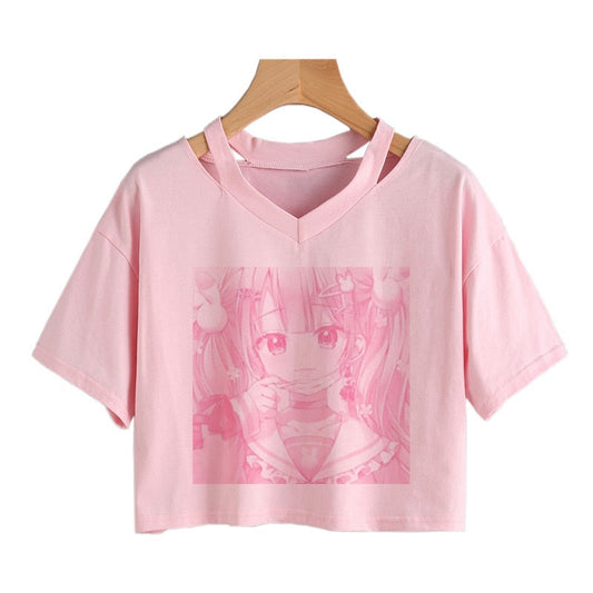 Pink Anime Girl Print V-neck Crop Top Tee - Kawaiies - Adorable - Cute - Plushies - Plush - Kawaii