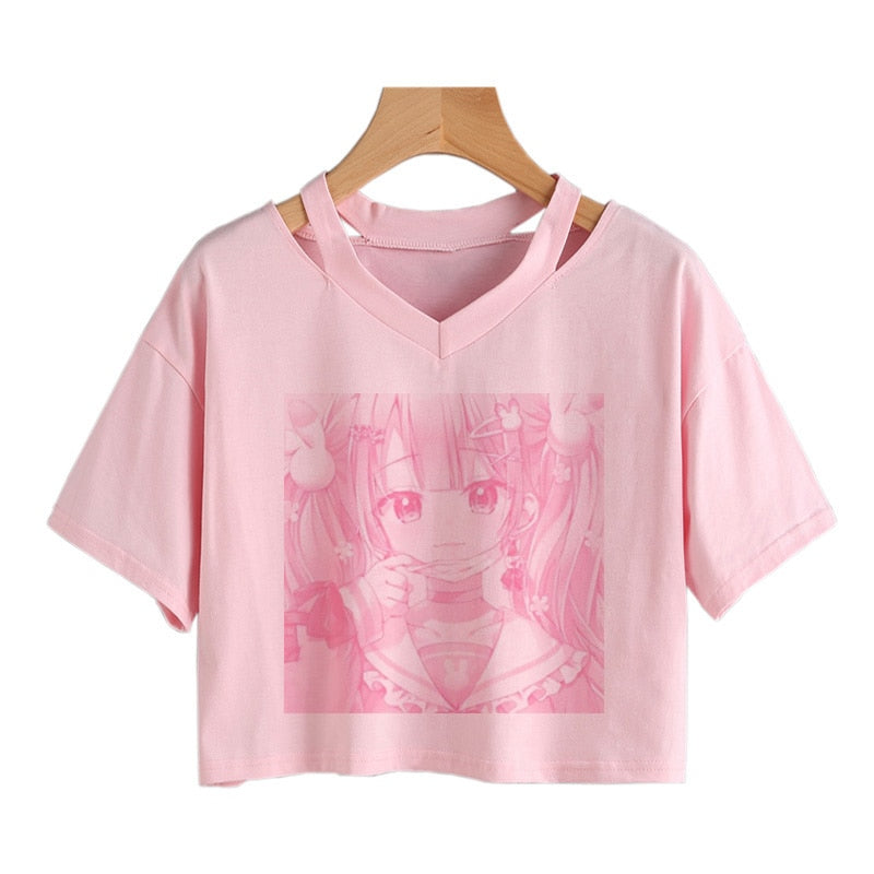 Pink Anime Girl Print V-neck Crop Top Tee - Kawaiies - Adorable - Cute - Plushies - Plush - Kawaii