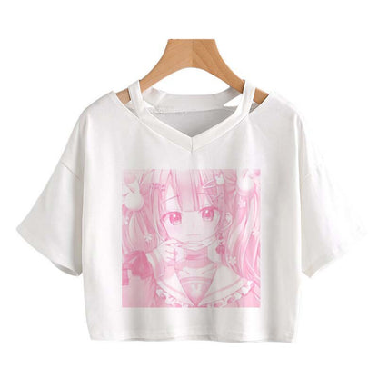 Pink Anime Girl Print V-neck Crop Top Tee - Kawaiies - Adorable - Cute - Plushies - Plush - Kawaii