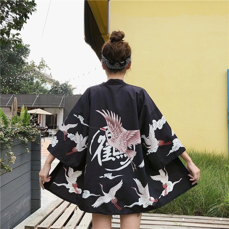 Pink Crane White Black Women's Kimono | NEW - Kawaiies - Adorable - Cute - Plushies - Plush - Kawaii