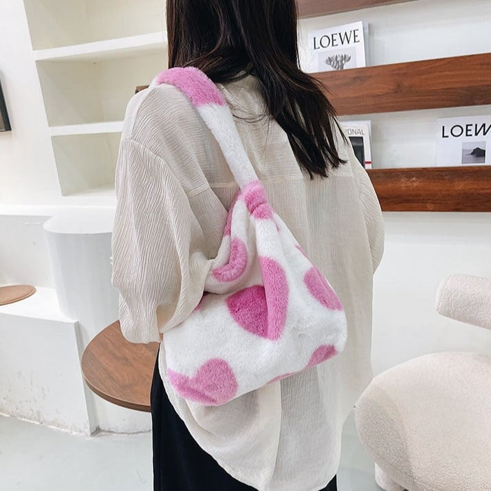 Pink Hearts Fluffy Tote Bag - Kawaiies - Adorable - Cute - Plushies - Plush - Kawaii