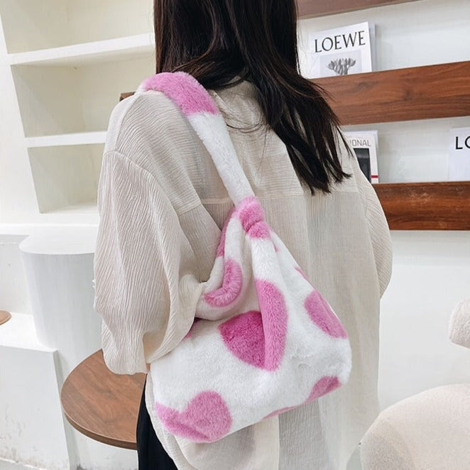 Pink Hearts Fluffy Tote Bag - Kawaiies - Adorable - Cute - Plushies - Plush - Kawaii