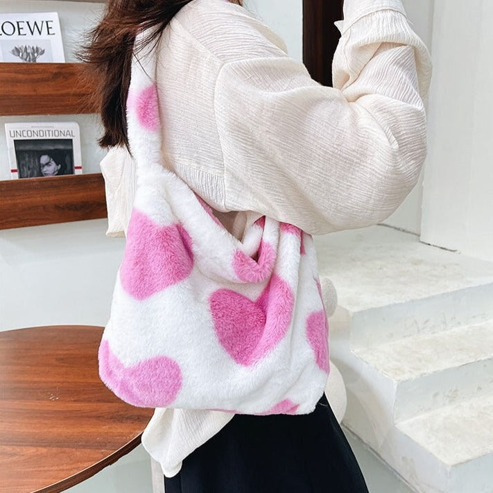 Pink Hearts Fluffy Tote Bag - Kawaiies - Adorable - Cute - Plushies - Plush - Kawaii