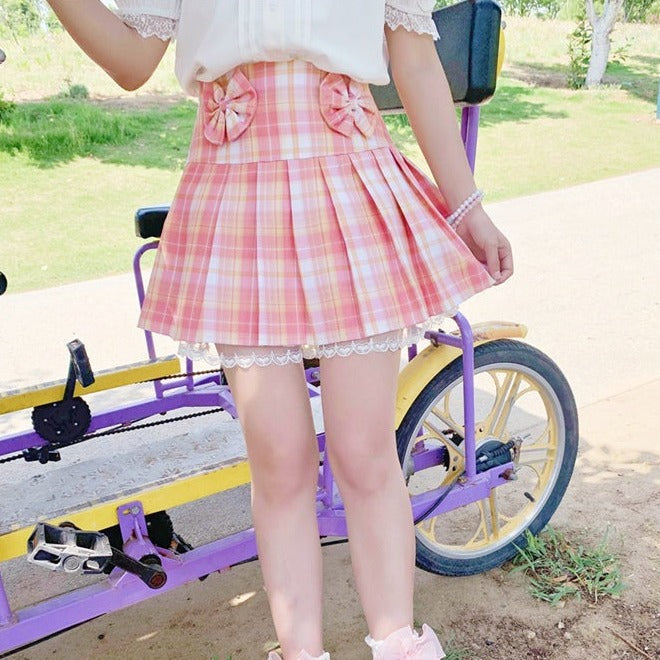 Pink Plaid Pleated Short Korean Fashion Skirt with Lace & Bow - Kawaiies - Adorable - Cute - Plushies - Plush - Kawaii