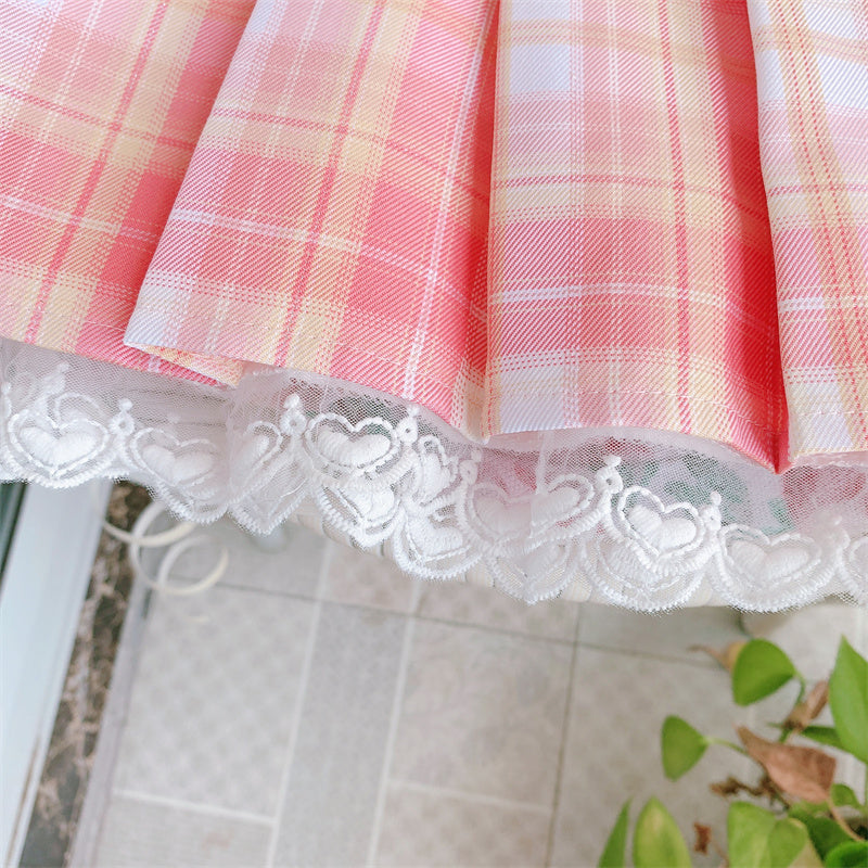 Pink Plaid Pleated Short Korean Fashion Skirt with Lace & Bow - Kawaiies - Adorable - Cute - Plushies - Plush - Kawaii