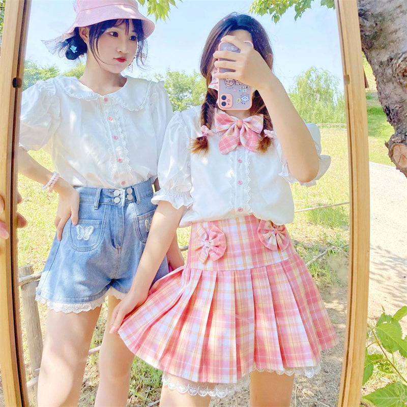 Pink Plaid Pleated Short Korean Fashion Skirt with Lace & Bow - Kawaiies - Adorable - Cute - Plushies - Plush - Kawaii