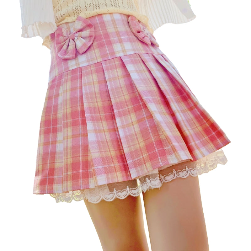 Pink Plaid Pleated Short Korean Fashion Skirt with Lace & Bow - Kawaiies - Adorable - Cute - Plushies - Plush - Kawaii