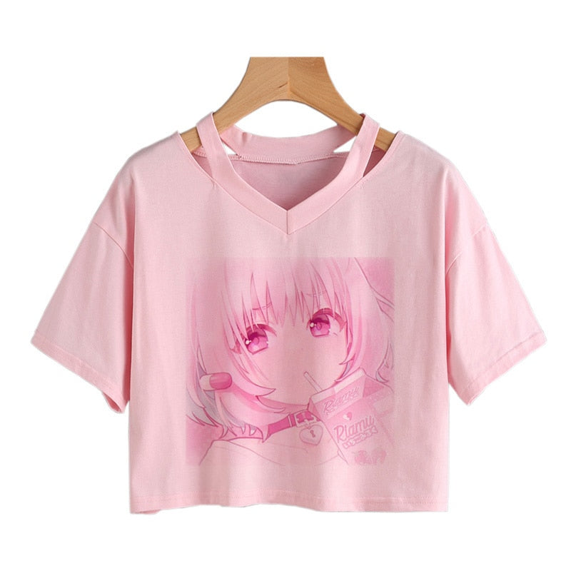 Pink Riamu Cute Anime Girl Print V-neck Crop Top Tee - Kawaiies - Adorable - Cute - Plushies - Plush - Kawaii