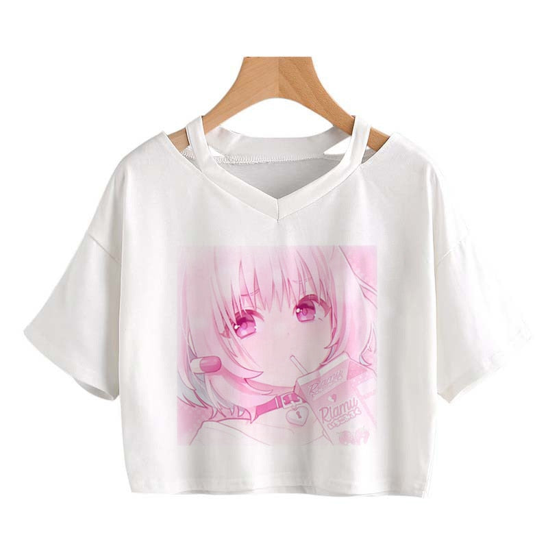 Pink Riamu Cute Anime Girl Print V-neck Crop Top Tee - Kawaiies - Adorable - Cute - Plushies - Plush - Kawaii