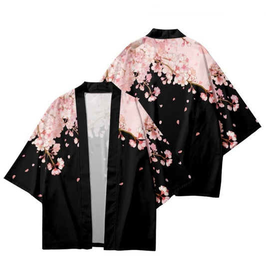Pink Sakura Flowers Print Unisex Black Kimono - Kawaiies - Adorable - Cute - Plushies - Plush - Kawaii