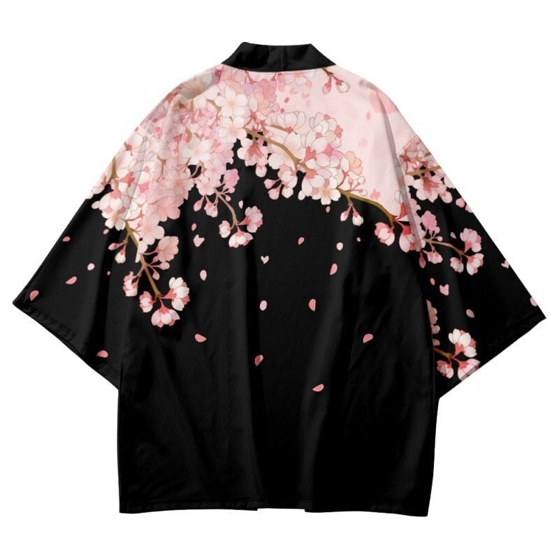 Pink Sakura Flowers Print Unisex Black Kimono - Kawaiies - Adorable - Cute - Plushies - Plush - Kawaii