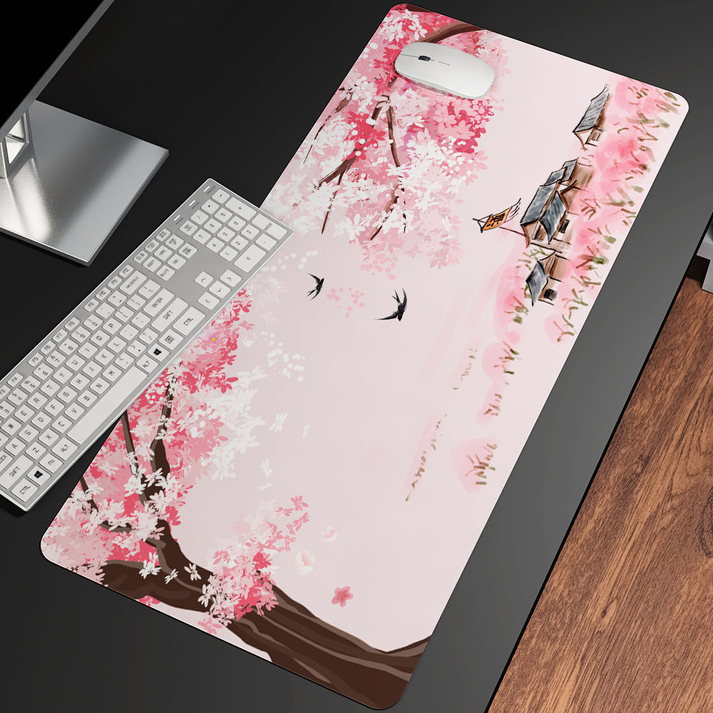 Pink Sakura Japanese Shrine Mountains Large Mouse Pad