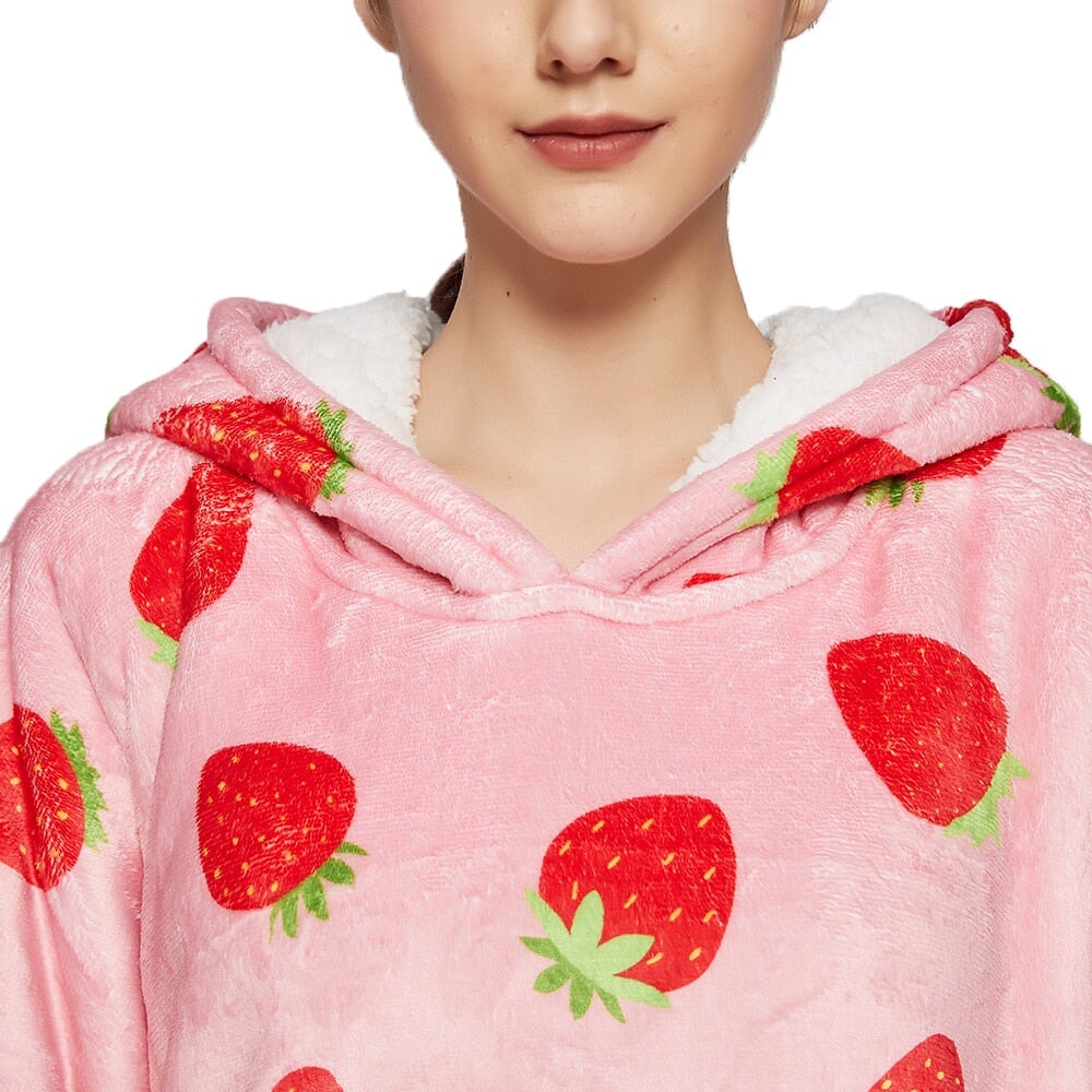 Pink Strawberries Oversized Thick Blanket Hoodie for Adult & Children - Kawaiies - Adorable - Cute - Plushies - Plush - Kawaii